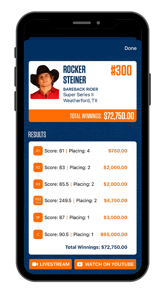 Mobile screen showing a tournament card for Rocker Steiner (#300) with total winnings $72,750, a results list (R1–C) and two orange action buttons: Livestream and Watch on YouTube.
