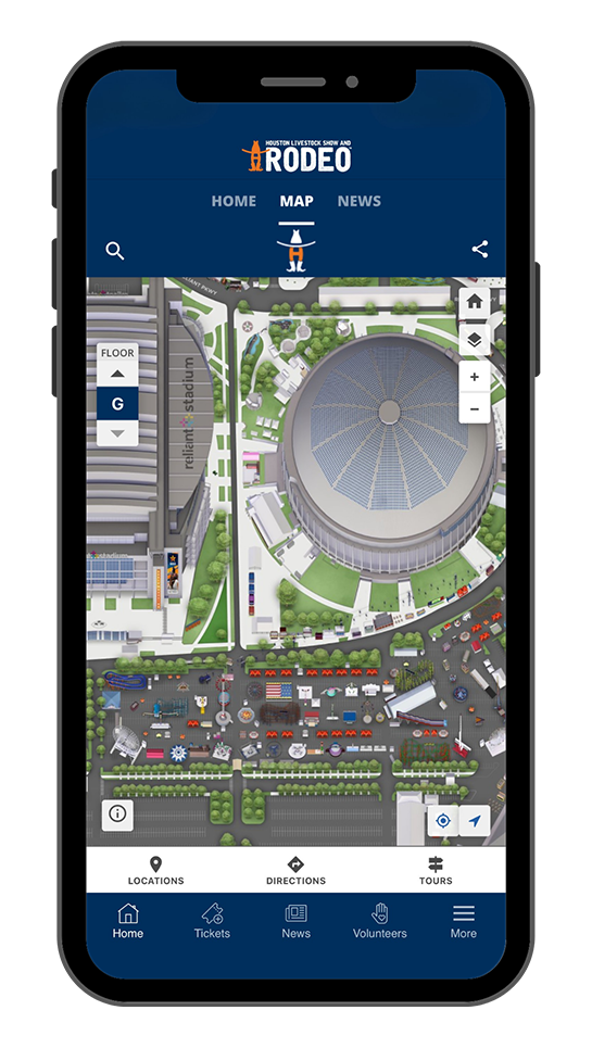 Mobile app screen showing a detailed map of the Houston Rodeo grounds with zoom controls and bottom navigation bar in a blue header theme