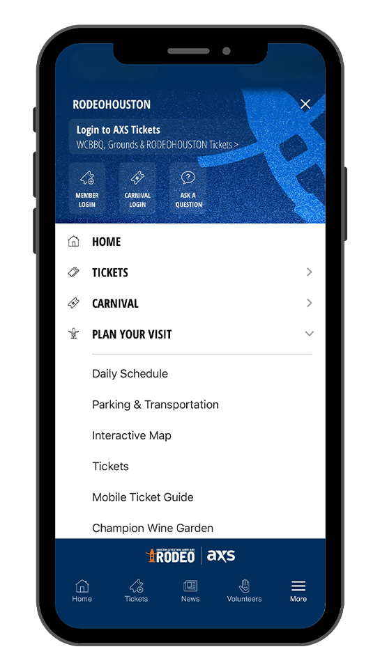 Mobile app screen showing RodeoHouston side menu with Home, Tickets, Carnival, Plan Your Visit and a list of subitems like Daily Schedule, Parking & Transportation, Interactive Map, Mobile Ticket Guide, and Champion Wine Garden, plus a bottom navigation bar.