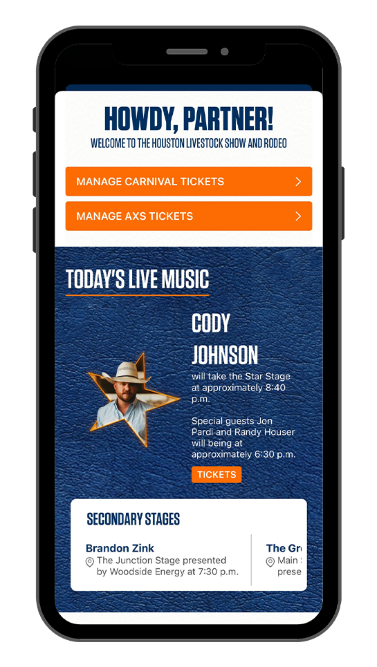 Mobile app screen for the Houston Livestock Show and Rodeo with orange 'Manage Carnival Tickets' and 'Manage AXS Tickets' buttons and a 'Today’s Live Music' section featuring Cody Johnson.