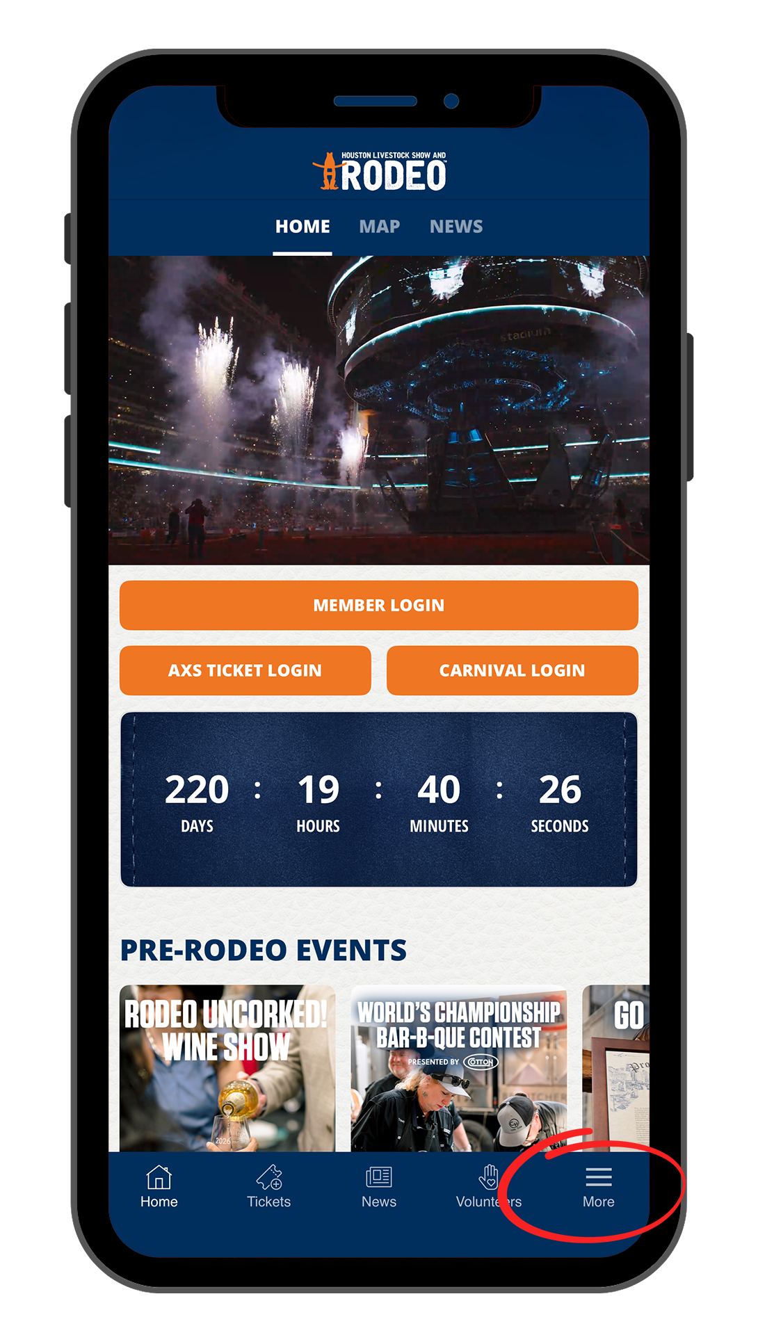 Rodeo mobile app home screen with a large hero image, orange login buttons, and a bottom navigation bar showing 'More' highlighted/selected.