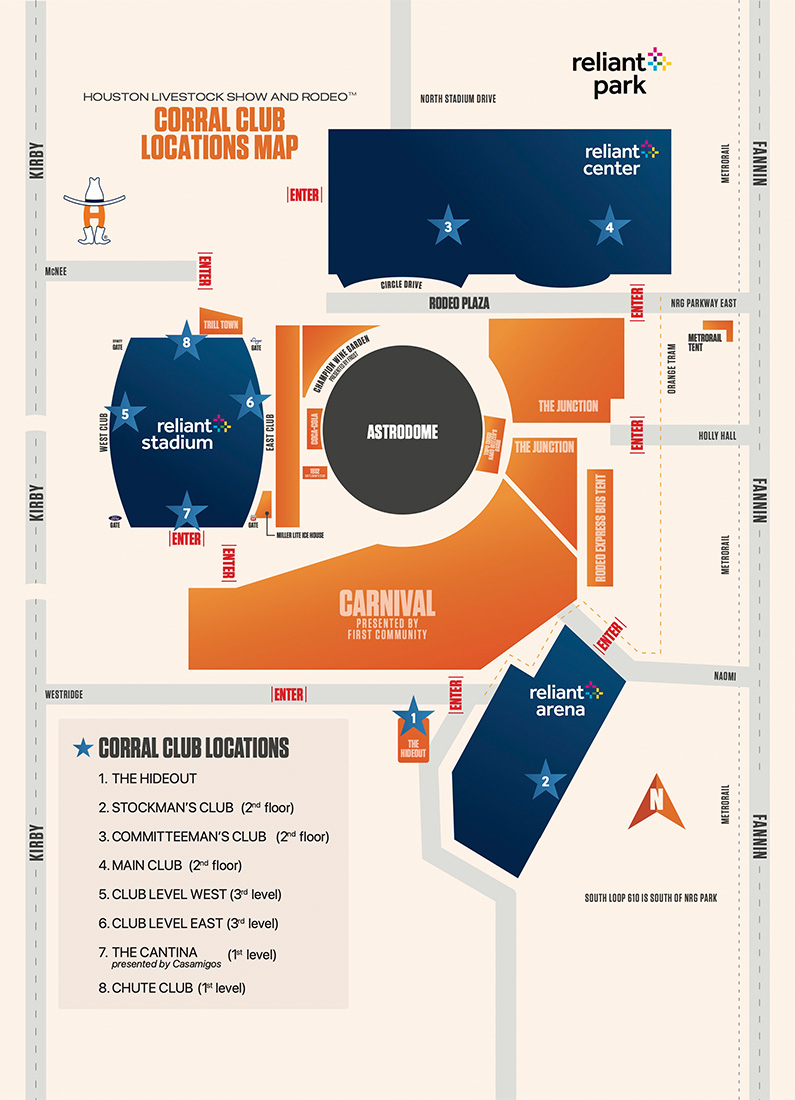 Illustrated map of Corral Club venues at the Houston Rodeo, showing Astrodome, Carnival, The Junction, The Hideout, Reliant Arena/Center and surrounding streets (Kirby, Fannin).