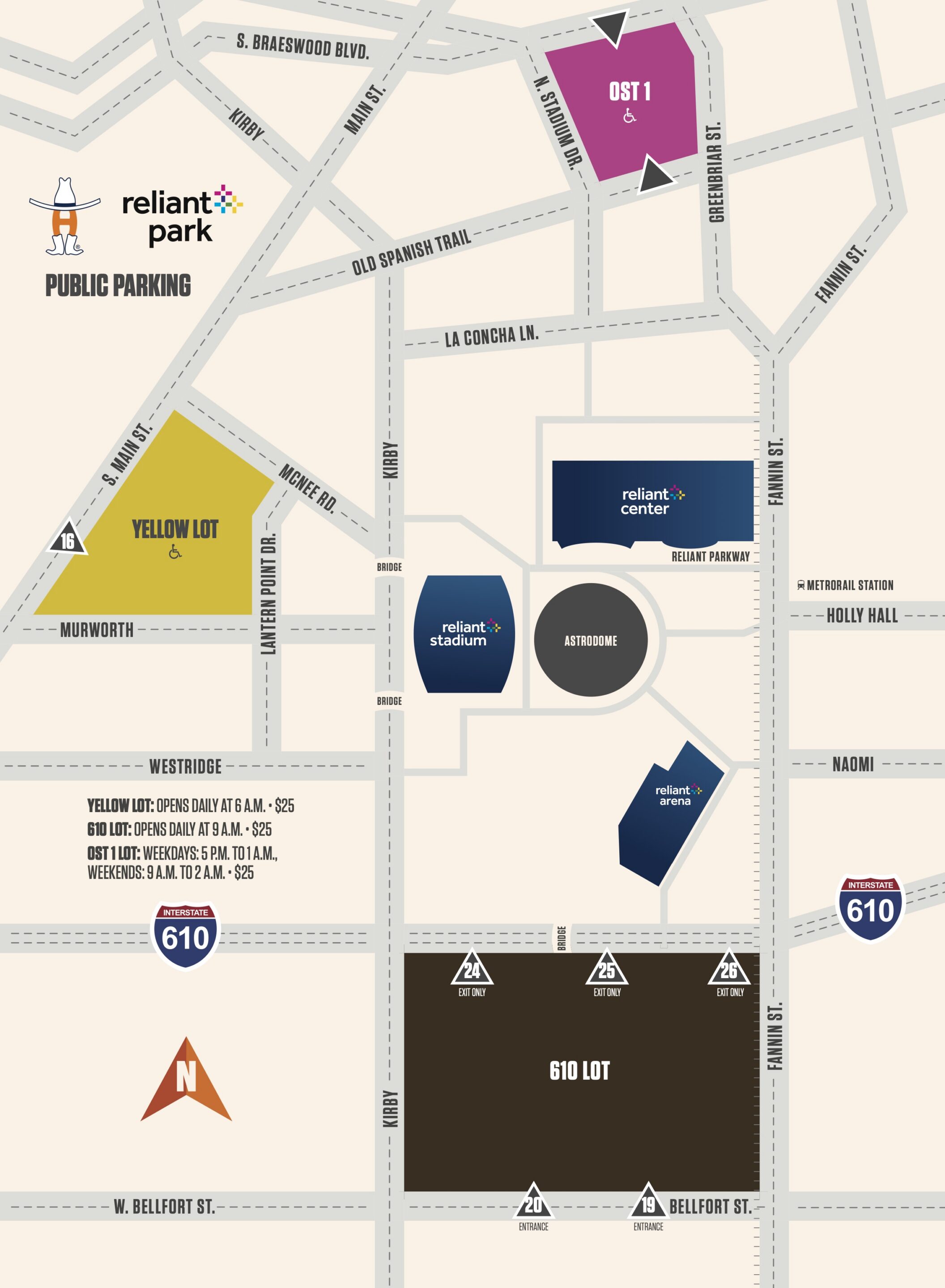 2026 Public Parking Map V2 Map view of Reliant Park area highlighting parking lots: 16 Yellow Lot and 610 Lot, with Reliant Center/Arena and surrounding roads labeled ( Kirby, Fannin, Bellfort).