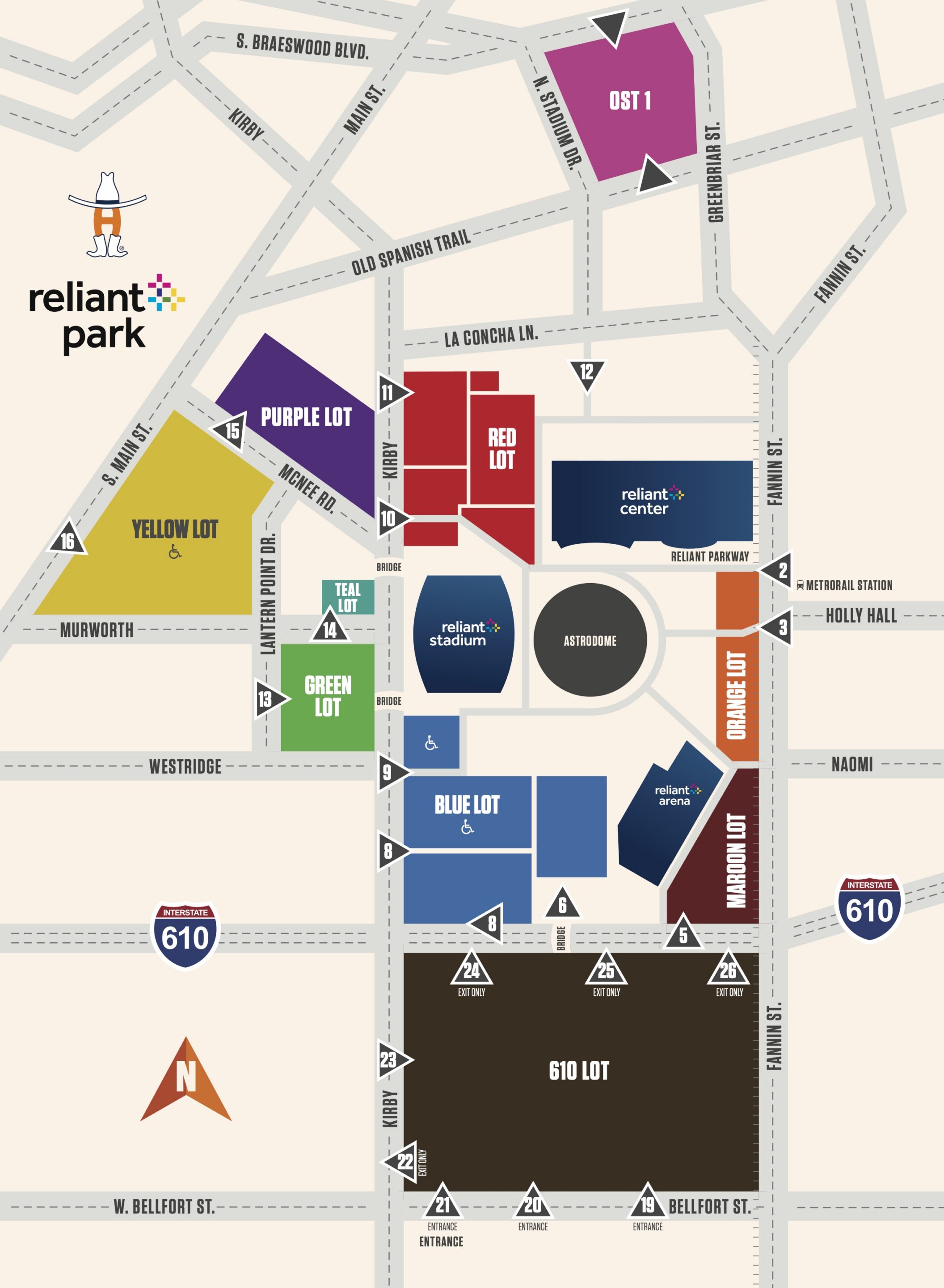 2026 Reliant Parking Map V2 Map of Reliant Park with colored lots (Yellow, Purple, Red, Blue, Green, 610 Lot), stadiums, and surrounding streets and exits