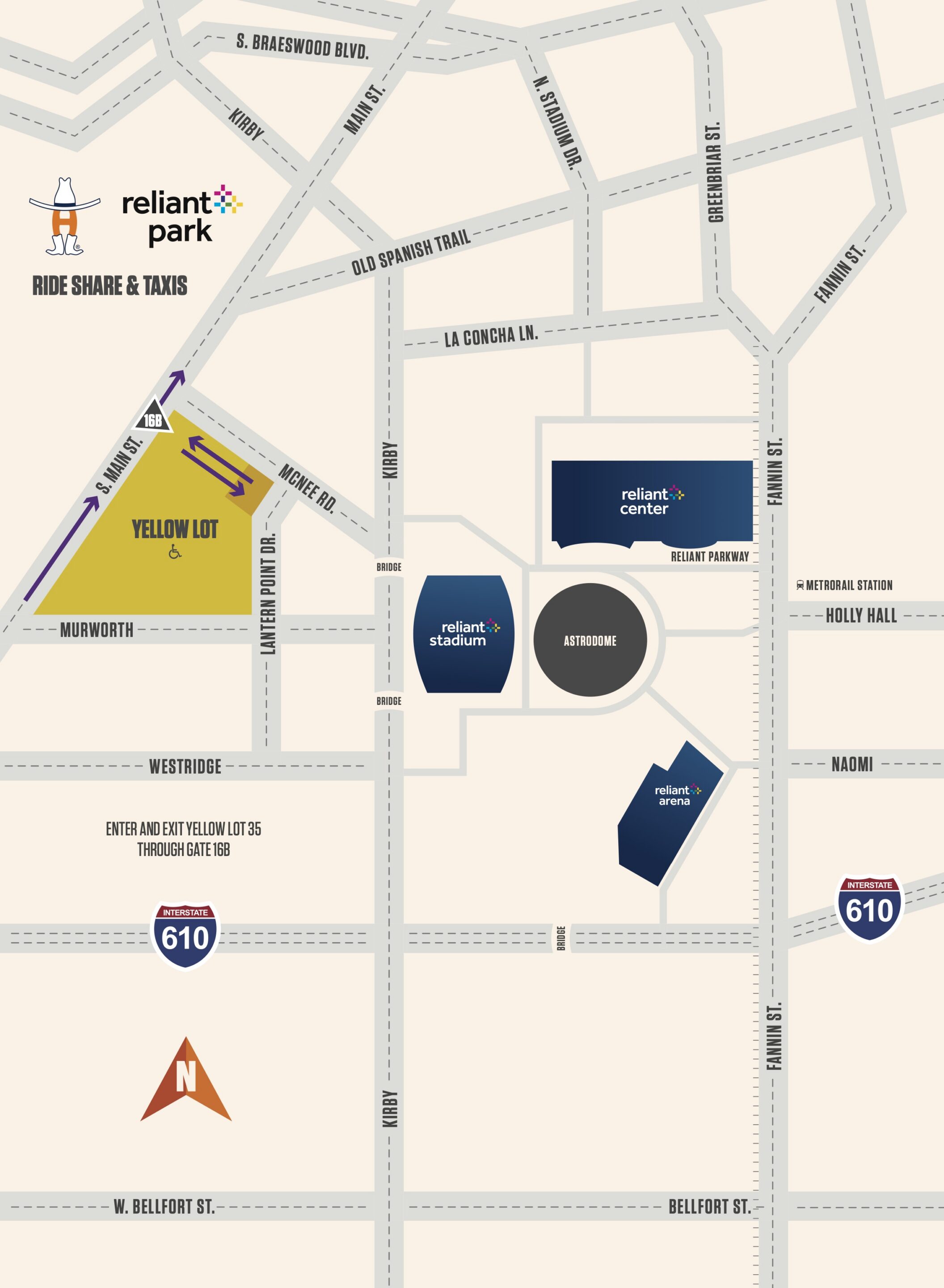 2026 RideShareTaxi_Parking Map V2 Map of Reliant Park area showing streets, landmarks and the Yellow Lot; notes for ride-share & taxis near Main St and Kirby Rd.