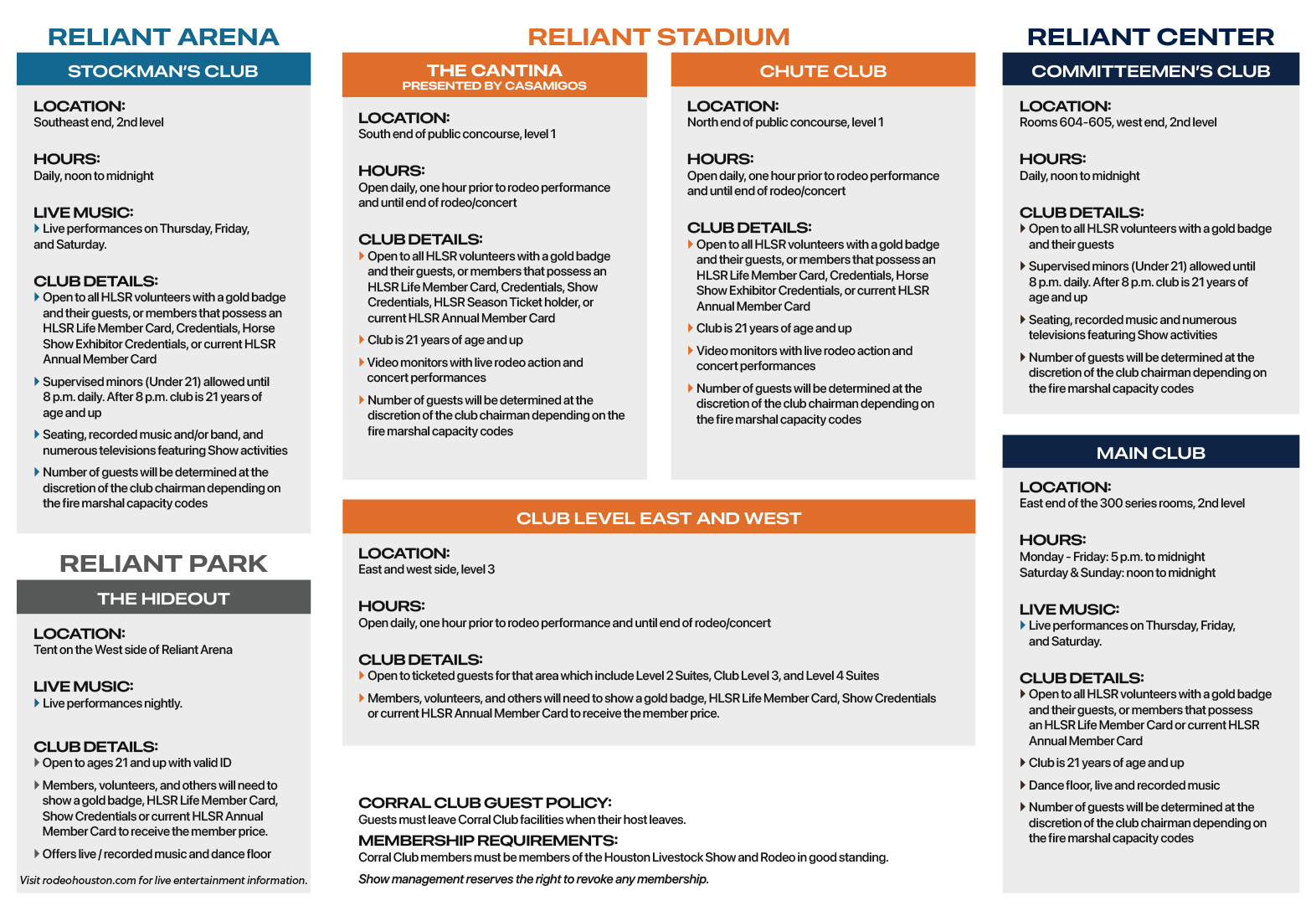 Infographic showing Reliant Arena club listings and locations with hours and live music information for visitors.