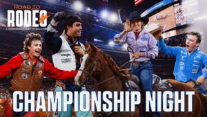 Rodeo champions celebrate on horseback in a packed arena during Championship Night, with the Road to Rodeo logo top-left and CHAMPIONSHIP NIGHT text bottom center.