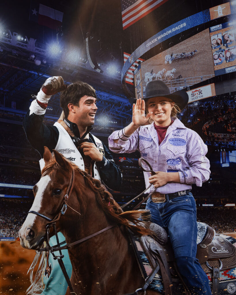Two rodeo riders celebrate on a horse in an arena, waving and smiling with a giant screen above them showing the event.