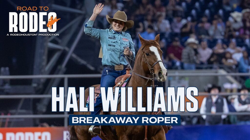 Rodeo poster showing a smiling female rider on a horse, waving, with bold text reading 'HALI WILLIAMS' and 'BREAKAWAY ROPER' and a 'Road to Rodeo' logo in the top-left. Crowd in the background.