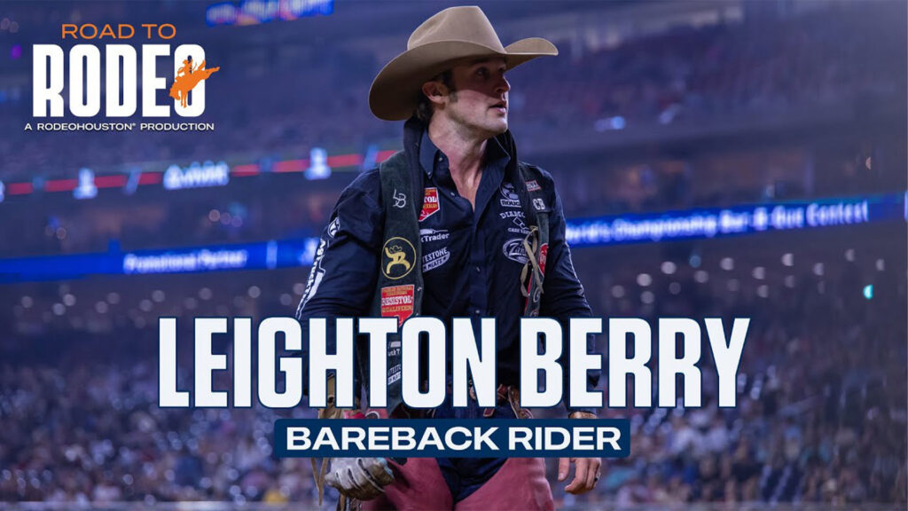 Promotional poster: bareback rider Leighton Berry at a rodeo stadium with 'Road to Rodeo' branding.