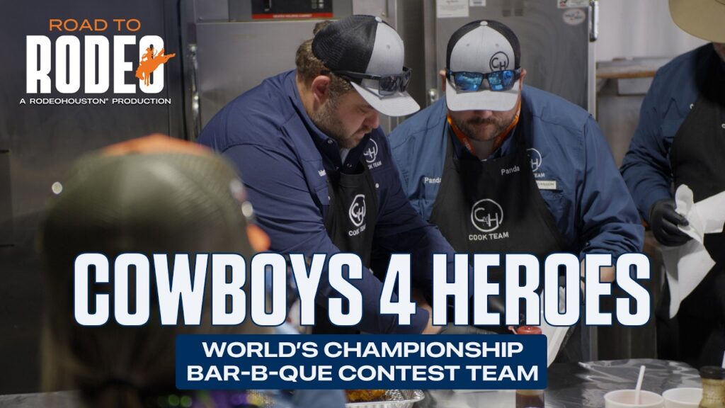 Cooks in blue shirts and aprons work at a barbecue station with a bold 'COWBOYS 4 HEROES' overlay filling the scene.