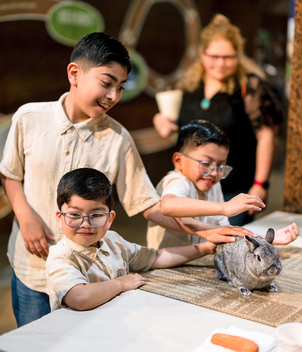 Kids at Agventure petting a rabbit